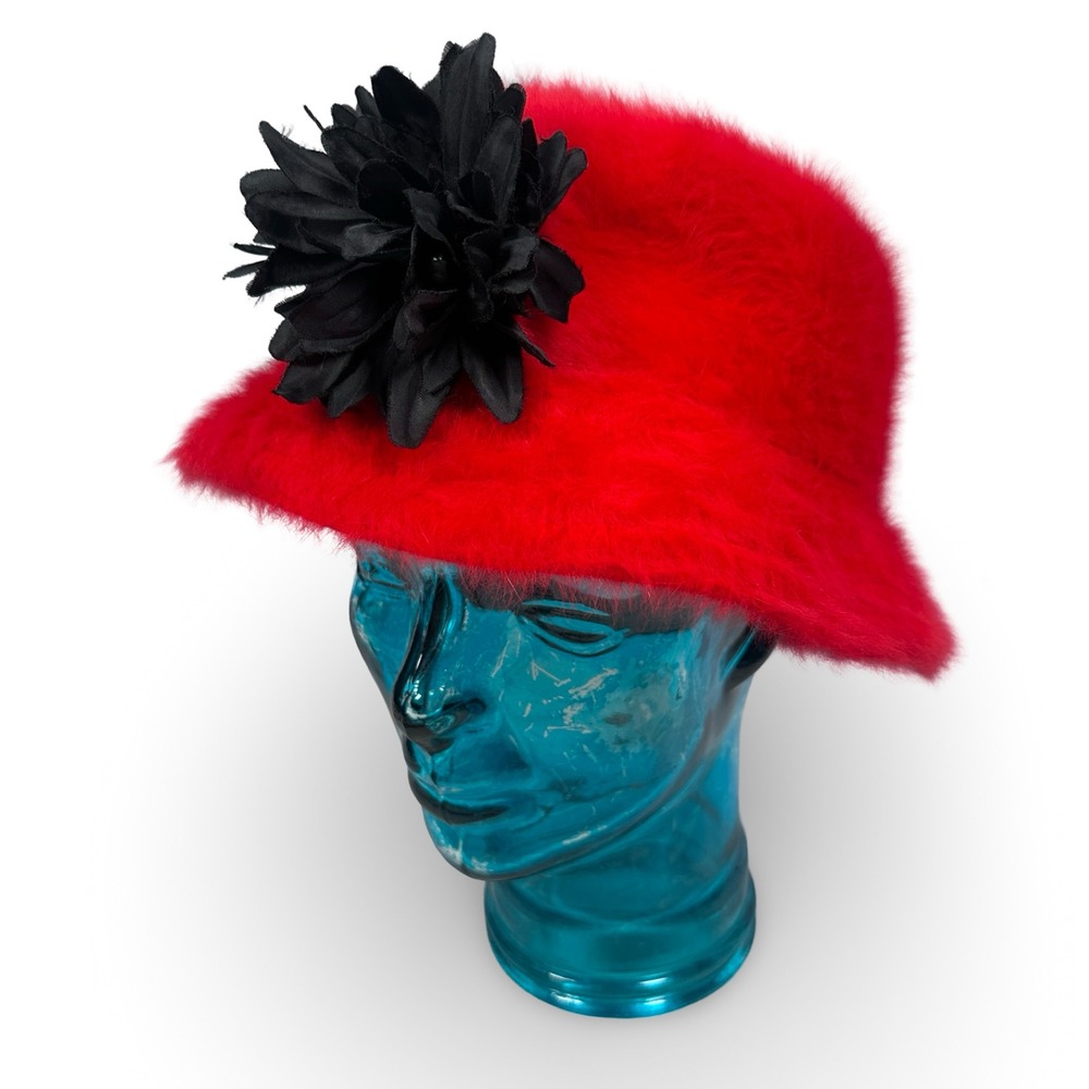 Kangol Furgora Lahinch Red Fuzzy Bucket Hat with Black Flower Large 2320BC02
